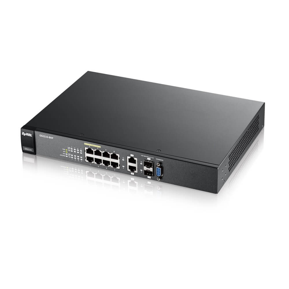 Коммутатор L2 PoE+ Zyxel GS2210-8HP, rack 19", 8xGE PoE+, 2xCombo (SFP/RJ-45), бюджет PoE 180 Вт