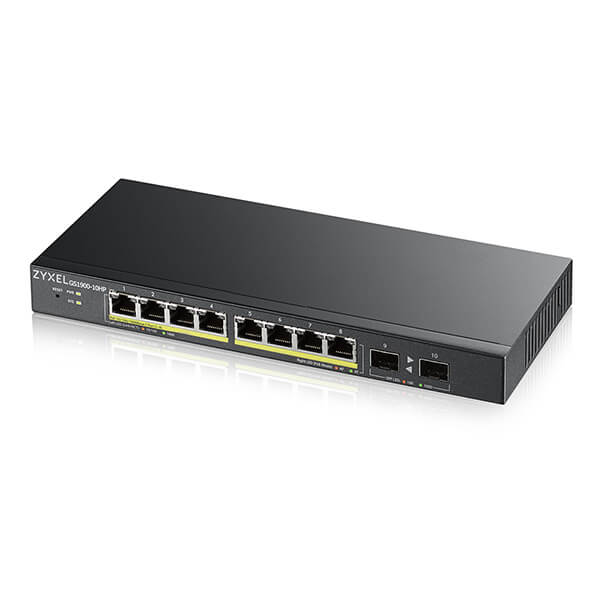 Smart L2 коммутатор PoE+ Zyxel GS1900-10HP, 8xGE PoE+, 2xSFP, настольный, бесшумный, бюджет PoE 77 Вт