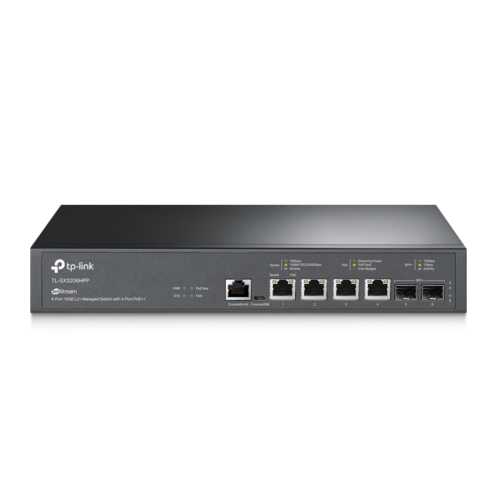JetStream™ 6-портовый управляемый коммутатор с 4 портами PoE++ 10GBase-T и 2 слотами SFP+ 10GE уровня 2+