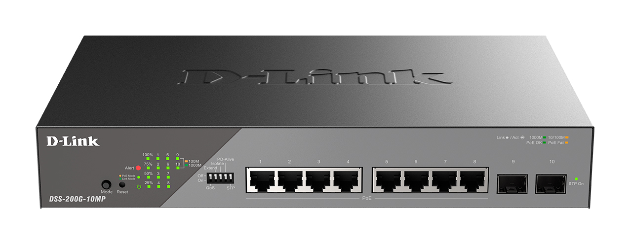 Настраиваемый L2 коммутатор с 8 портами 10/100/1000Base-T и2 портами 1000Base-X SFP(8 портов PoE 802.3af/at,PoE-бюджет 130 Вт,дальность до 250 м)