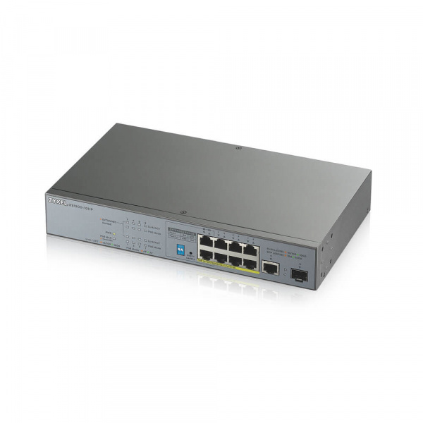 Коммутатор PoE+ для IP-видеокамер Zyxel GS1300-10HP, rack 19", 9xGE (8xPoE+), 1xSFP, бюджет PoE 130 Вт, дальность передачи питания до 250 м, повышенная защита от перенапряжений и электростатических разрядов