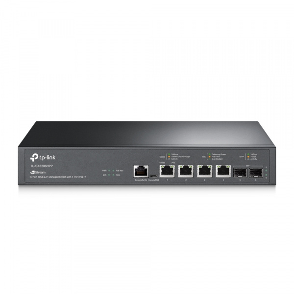 JetStream™ 6-портовый управляемый коммутатор с 4 портами PoE++ 10GBase-T и 2 слотами SFP+ 10GE уровня 2+