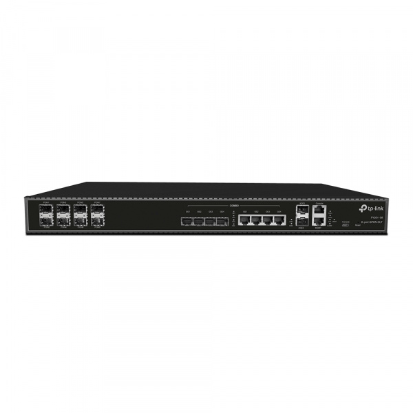 8-портовый оптический линейный терминал GPON OLT, чипсет Broadcom, 8 SFP-портов GPON, 4  GE комбо uplink-порта, 2 10G SFP+ uplink-порта, 1 консольный порт RJ45, 1 порт управления FE, 1 консольный порт USB Type-C, 2 модуля питания переменного тока, версия