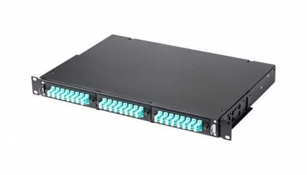Кросс КТП, выдвижной, полный комплект, 12 розеток 2LC/UPC, SM 9/125 OS2, 24 порта, 1U, цвет черный